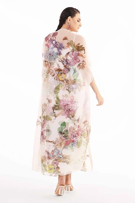 Shop Eeksha Ivory Organza, Satin Embroidery Round Neck Garden Print Dress With Cape at Aza Fashions Shop_Eeksha_Ivory Organza, Satin Embroidery Round Neck Garden Print Dress With Cape _at_Aza_Fashions