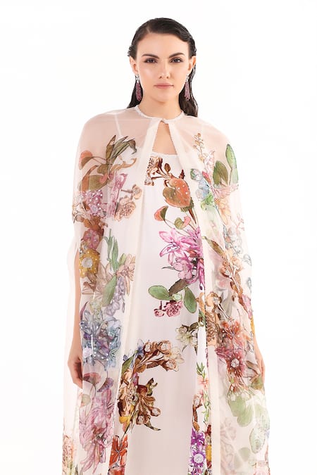 Eeksha Ivory Organza, Satin Embroidery Round Neck Garden Print Dress With Cape Online at Aza Fashions Eeksha_Ivory Organza, Satin Embroidery Round Neck Garden Print Dress With Cape _Online_at_Aza_Fashions