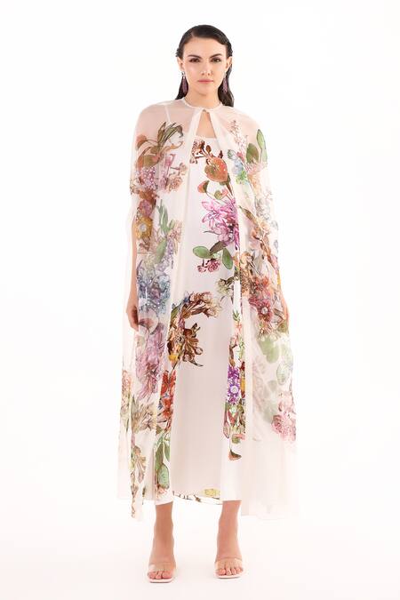 Buy Eeksha Ivory Organza, Satin Embroidery Round Neck Garden Print Dress With Cape Online at Aza Fashions Buy_Eeksha_Ivory Organza, Satin Embroidery Round Neck Garden Print Dress With Cape _Online_at_Aza_Fashions