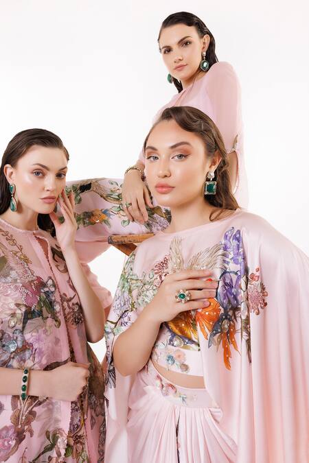 Eeksha Pink Satin Sequins, Embroidery Printed Dupatta Cape And Draped Skirt Set Online at Aza Fashions Eeksha_Pink Satin Sequins, Embroidery Printed Dupatta Cape And Draped Skirt Set _Online_at_Aza_Fashions