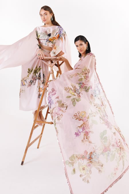 Shop Eeksha Pink Satin Sequins, Embroidery Printed Dupatta Cape And Draped Skirt Set Online at Aza Fashions Shop_Eeksha_Pink Satin Sequins, Embroidery Printed Dupatta Cape And Draped Skirt Set _Online_at_Aza_Fashions