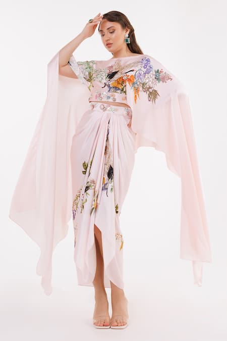 Eeksha Pink Satin Sequins, Embroidery Printed Dupatta Cape And Draped Skirt Set at Aza Fashions Eeksha_Pink Satin Sequins, Embroidery Printed Dupatta Cape And Draped Skirt Set _at_Aza_Fashions