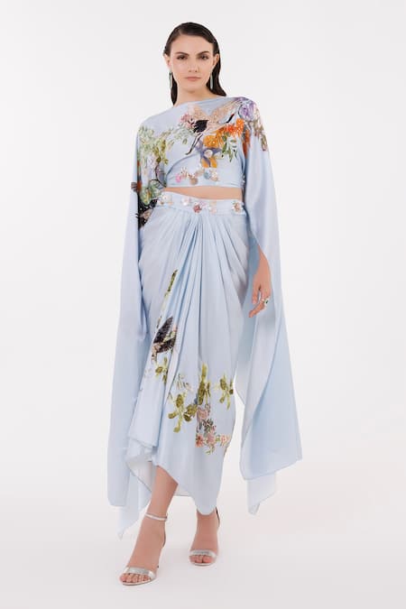 EEKSHA Blue Satin Printed Flower Boat Floral Dupatta Cape And Draped Skirt Set  