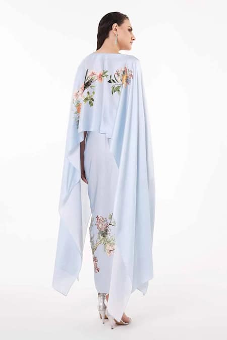 Shop_Eeksha_Blue Satin Sequins Floral Print Dupatta Cape And Draped Skirt Set _at_Aza_Fashions