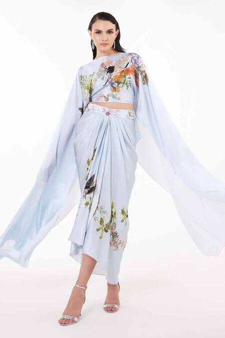 Buy_Eeksha_Blue Satin Sequins Floral Print Dupatta Cape And Draped Skirt Set _Online_at_Aza_Fashions