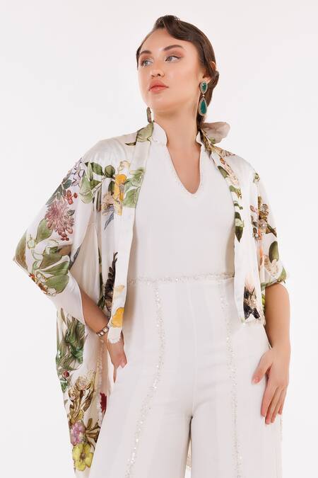 Eeksha Ivory Satin, Lycra, Chiffon Embroidery, Placement Jumpsuit With Printed Jacket Online at Aza Fashions Eeksha_Ivory Satin, Lycra, Chiffon Embroidery, Placement Jumpsuit With Printed Jacket _Online_at_Aza_Fashions