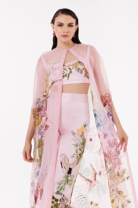 Eeksha Pink Organza, Satin, Crepe Sequins, Beads V-neck Printed Cape Pant Set Online at Aza Fashions Eeksha_Pink Organza, Satin, Crepe Sequins, Beads V-neck Printed Cape Pant Set _Online_at_Aza_Fashions