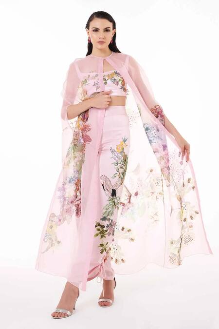 Buy Eeksha Pink Organza, Satin, Crepe Sequins, Beads V-neck Printed Cape Pant Set Online at Aza Fashions Buy_Eeksha_Pink Organza, Satin, Crepe Sequins, Beads V-neck Printed Cape Pant Set _Online_at_Aza_Fashions