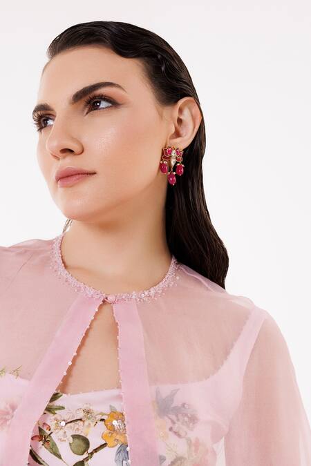 Shop Eeksha Pink Organza, Satin, Crepe Sequins, Beads V-neck Printed Cape Pant Set Online at Aza Fashions Shop_Eeksha_Pink Organza, Satin, Crepe Sequins, Beads V-neck Printed Cape Pant Set _Online_at_Aza_Fashions