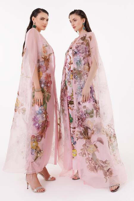 Eeksha Pink Organza, Satin, Crepe Sequins, Beads V-neck Printed Cape Pant Set at Aza Fashions Eeksha_Pink Organza, Satin, Crepe Sequins, Beads V-neck Printed Cape Pant Set _at_Aza_Fashions
