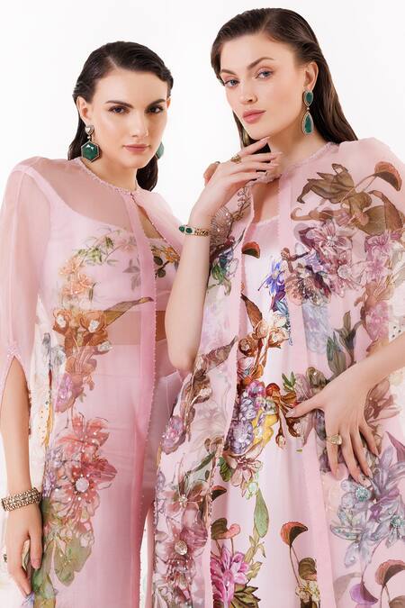 Buy Eeksha Pink Organza, Satin, Crepe Sequins, Beads V-neck Printed Cape Pant Set Buy_Eeksha_Pink Organza, Satin, Crepe Sequins, Beads V-neck Printed Cape Pant Set