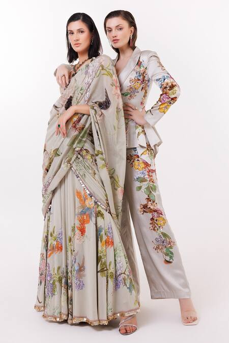 Eeksha_Green Satin, Georgette, Viscose Botanical Print Lehenga Saree With Blouse _Online_at_Aza_Fashions