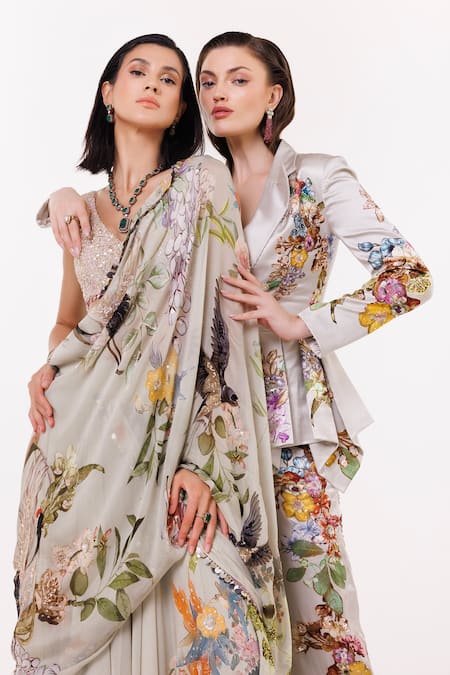 Buy_Eeksha_Green Satin, Georgette, Viscose Botanical Print Lehenga Saree With Blouse _Online_at_Aza_Fashions