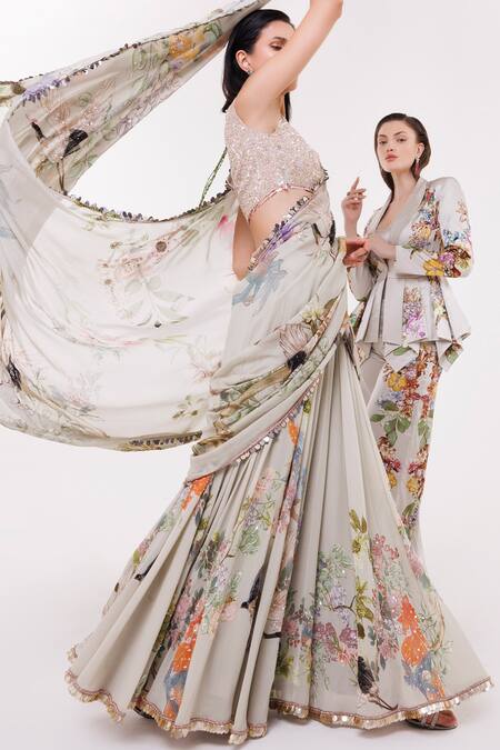 Shop_Eeksha_Green Satin, Georgette, Viscose Botanical Print Lehenga Saree With Blouse _Online_at_Aza_Fashions