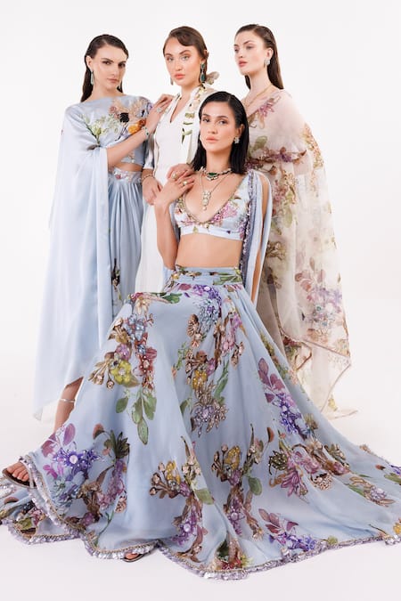 Shop Eeksha Blue Organza, Satin, Viscose, Crepe, Botanical Print Lehenga And Blouse Set at Aza Fashions Shop_Eeksha_Blue Organza, Satin, Viscose, Crepe, Botanical Print Lehenga And Blouse Set _at_Aza_Fashions