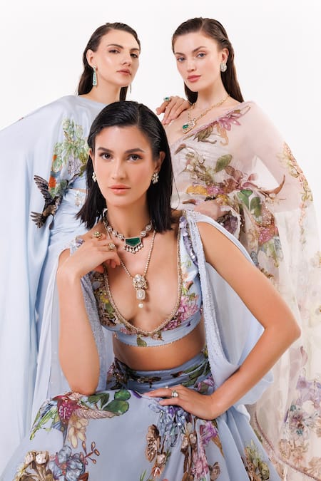 Eeksha Blue Organza, Satin, Viscose, Crepe, Botanical Print Lehenga And Blouse Set Online at Aza Fashions Eeksha_Blue Organza, Satin, Viscose, Crepe, Botanical Print Lehenga And Blouse Set _Online_at_Aza_Fashions
