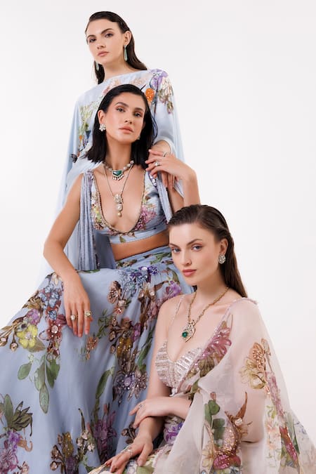 Buy Eeksha Blue Organza, Satin, Viscose, Crepe, Botanical Print Lehenga And Blouse Set Online at Aza Fashions Buy_Eeksha_Blue Organza, Satin, Viscose, Crepe, Botanical Print Lehenga And Blouse Set _Online_at_Aza_Fashions