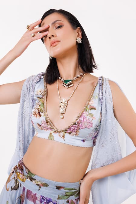 Eeksha Blue Organza, Satin, Viscose, Crepe, Botanical Print Lehenga And Blouse Set at Aza Fashions Eeksha_Blue Organza, Satin, Viscose, Crepe, Botanical Print Lehenga And Blouse Set _at_Aza_Fashions