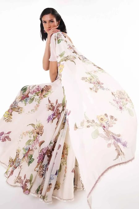 Shop Eeksha Ivory Satin, Flannel, Organza, Viscose Garden Print Lehenga And Draped Blouse Set at Aza Fashions Shop_Eeksha_Ivory Satin, Flannel, Organza, Viscose Garden Print Lehenga And Draped Blouse Set _at_Aza_Fashions