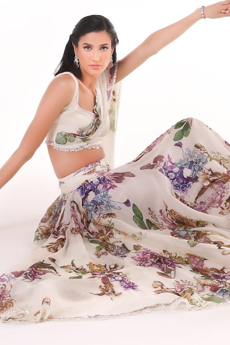 Eeksha Ivory Satin, Flannel, Organza, Viscose Garden Print Lehenga And Draped Blouse Set Online at Aza Fashions Eeksha_Ivory Satin, Flannel, Organza, Viscose Garden Print Lehenga And Draped Blouse Set _Online_at_Aza_Fashions