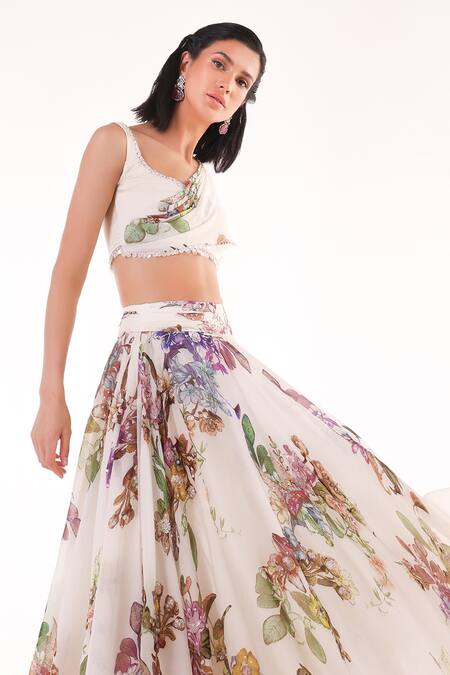 Buy Eeksha Ivory Satin, Flannel, Organza, Viscose Garden Print Lehenga And Draped Blouse Set Online at Aza Fashions Buy_Eeksha_Ivory Satin, Flannel, Organza, Viscose Garden Print Lehenga And Draped Blouse Set _Online_at_Aza_Fashions