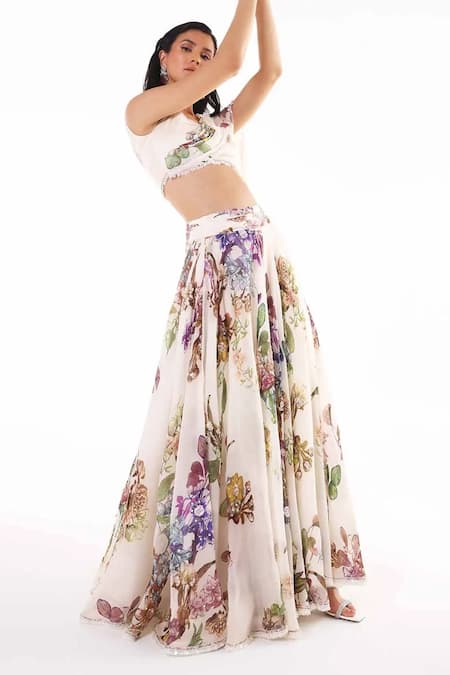 Shop Eeksha Ivory Satin, Flannel, Organza, Viscose Garden Print Lehenga And Draped Blouse Set Online at Aza Fashions Shop_Eeksha_Ivory Satin, Flannel, Organza, Viscose Garden Print Lehenga And Draped Blouse Set _Online_at_Aza_Fashions
