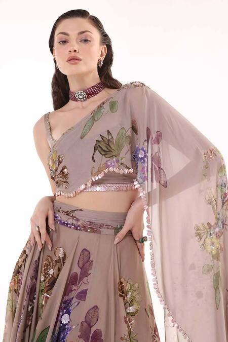 Eeksha_Beige Organza, Satin, Viscose, Crepe, Floral Print Lehenga And Draped Blouse Set _Online_at_Aza_Fashions