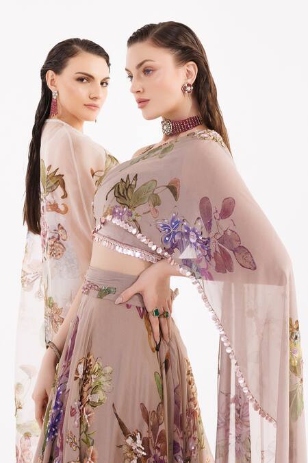 Buy_Eeksha_Beige Organza, Satin, Viscose, Crepe, Floral Print Lehenga And Draped Blouse Set _Online_at_Aza_Fashions