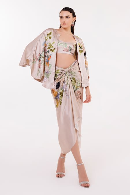 EEKSHA Botanical Print Caplet & Draped Skirt Set 