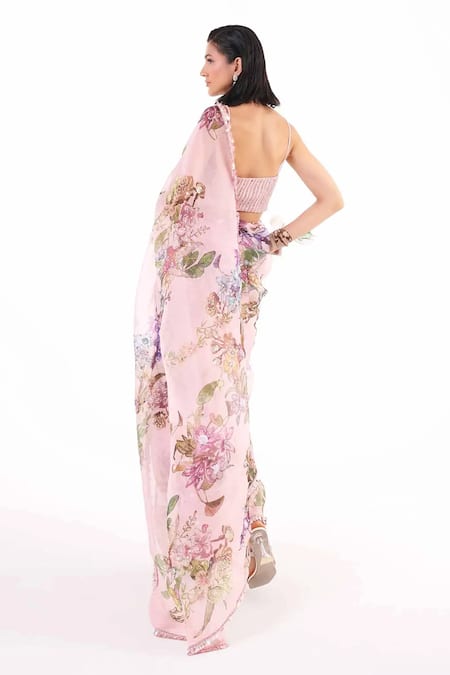 Shop Eeksha Pink Organza, Satin, Viscose, Crepe Sequins, Florette Print Saree With Blouse at Aza Fashions Shop_Eeksha_Pink Organza, Satin, Viscose, Crepe Sequins, Florette Print Saree With Blouse _at_Aza_Fashions