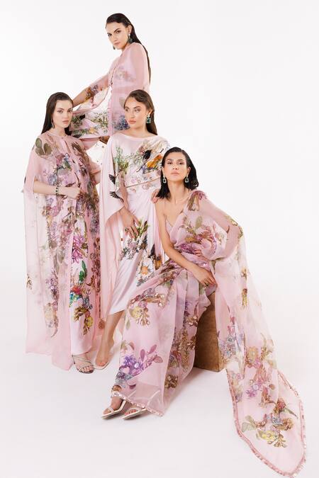 Eeksha Pink Organza, Satin, Viscose, Crepe Sequins, Florette Print Saree With Blouse Online at Aza Fashions Eeksha_Pink Organza, Satin, Viscose, Crepe Sequins, Florette Print Saree With Blouse _Online_at_Aza_Fashions