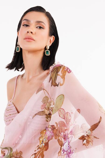 Shop Eeksha Pink Organza, Satin, Viscose, Crepe Sequins, Florette Print Saree With Blouse Online at Aza Fashions Shop_Eeksha_Pink Organza, Satin, Viscose, Crepe Sequins, Florette Print Saree With Blouse _Online_at_Aza_Fashions
