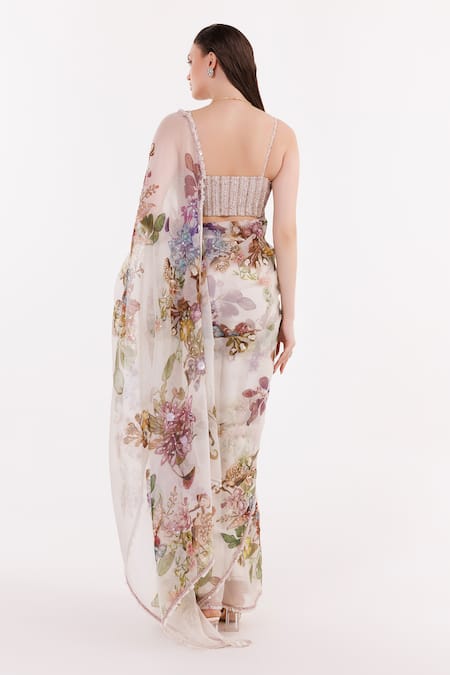 Shop Eeksha Ivory Organza, Satin, Viscose, Crepe Sequins, Blossom Print Saree With Blouse at Aza Fashions Shop_Eeksha_Ivory Organza, Satin, Viscose, Crepe Sequins, Blossom Print Saree With Blouse _at_Aza_Fashions