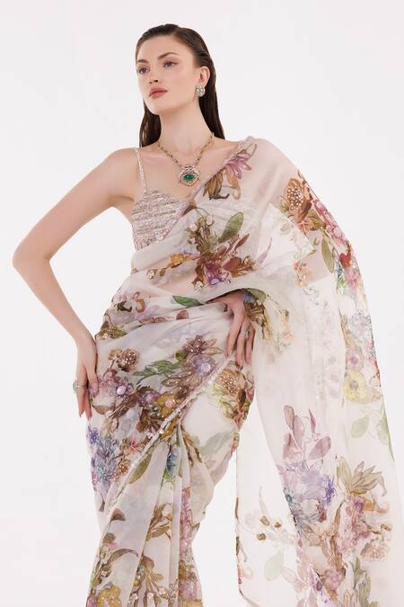 Eeksha Ivory Organza, Satin, Viscose, Crepe Sequins, Blossom Print Saree With Blouse Online at Aza Fashions Eeksha_Ivory Organza, Satin, Viscose, Crepe Sequins, Blossom Print Saree With Blouse _Online_at_Aza_Fashions