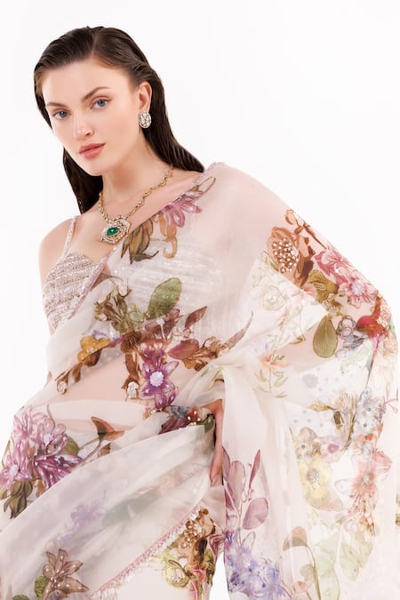 Buy Eeksha Ivory Organza, Satin, Viscose, Crepe Sequins, Blossom Print Saree With Blouse Online at Aza Fashions Buy_Eeksha_Ivory Organza, Satin, Viscose, Crepe Sequins, Blossom Print Saree With Blouse _Online_at_Aza_Fashions