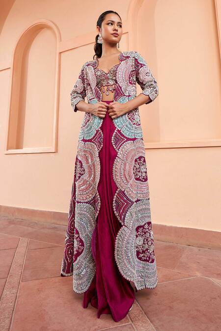 Osaa By Adarsh_Purple Silk Zari, Embroidery Open Neck, Scallop Border Jacket Draped Skirt Set_Online_at_Aza_Fashions