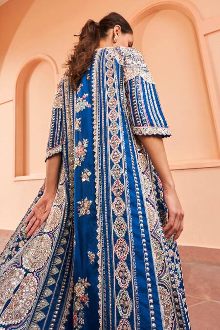 Shop Osaa By Adarsh Blue Organza Embroidery Sweetheart , Open Stripe Jacket Sharara Set at Aza Fashions Shop_Osaa By Adarsh_Blue Organza Embroidery Sweetheart , Open Stripe Jacket Sharara Set_at_Aza_Fashions