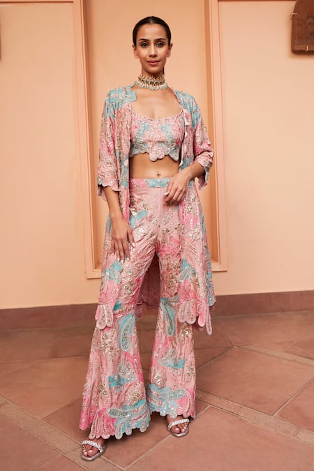 Osaa by Adarsh Floral Embroidered Jacket Flared Pant Set 