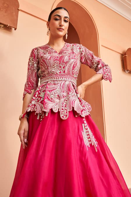 Osaa By Adarsh Pink Organza Diamonds, Embroidery, Cut Work V-neck Dori Top And Lehenga Set Online at Aza Fashions Osaa By Adarsh_Pink Organza Diamonds, Embroidery, Cut Work V-neck Dori Top And Lehenga Set _Online_at_Aza_Fashions