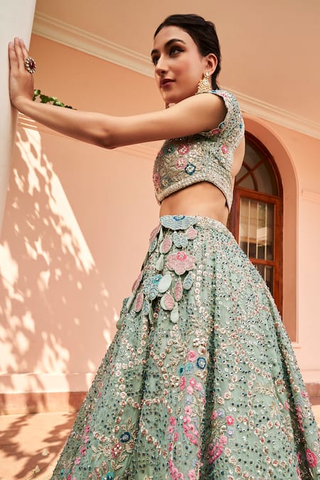 Buy Osaa By Adarsh Blue Organza Embroidery V-neck Floral Bridal Lehenga Set Online at Aza Fashions Buy_Osaa By Adarsh_Blue Organza Embroidery V-neck Floral Bridal Lehenga Set _Online_at_Aza_Fashions