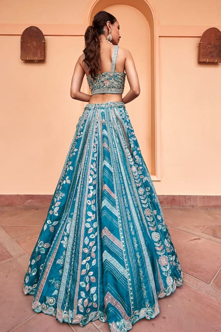 Shop Osaa By Adarsh Green Organza Embroidery, Zari Square Neck Floral Stripe Bridal Lehenga Set at Aza Fashions Shop_Osaa By Adarsh_Green Organza Embroidery, Zari Square Neck Floral Stripe Bridal Lehenga Set _at_Aza_Fashions