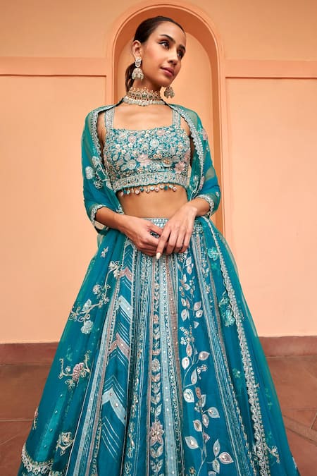 Osaa By Adarsh Green Organza Embroidery, Zari Square Neck Floral Stripe Bridal Lehenga Set Online at Aza Fashions Osaa By Adarsh_Green Organza Embroidery, Zari Square Neck Floral Stripe Bridal Lehenga Set _Online_at_Aza_Fashions