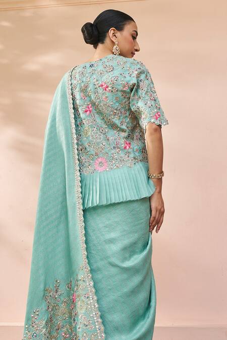 Shop Osaa By Adarsh Green Muslin, Silk Embroidery, Diamonds Scallop Border Saree Set With Jacket at Aza Fashions Shop_Osaa By Adarsh_Green Muslin, Silk Embroidery, Diamonds Scallop Border Saree Set With Jacket_at_Aza_Fashions