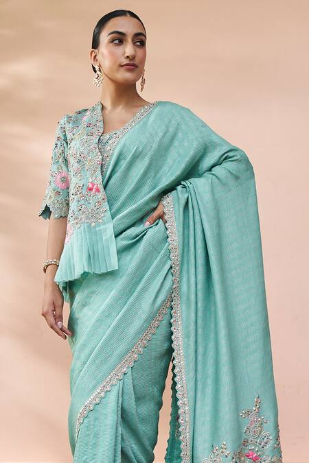 Osaa By Adarsh Green Muslin, Silk Embroidery, Diamonds Scallop Border Saree Set With Jacket Online at Aza Fashions Osaa By Adarsh_Green Muslin, Silk Embroidery, Diamonds Scallop Border Saree Set With Jacket_Online_at_Aza_Fashions