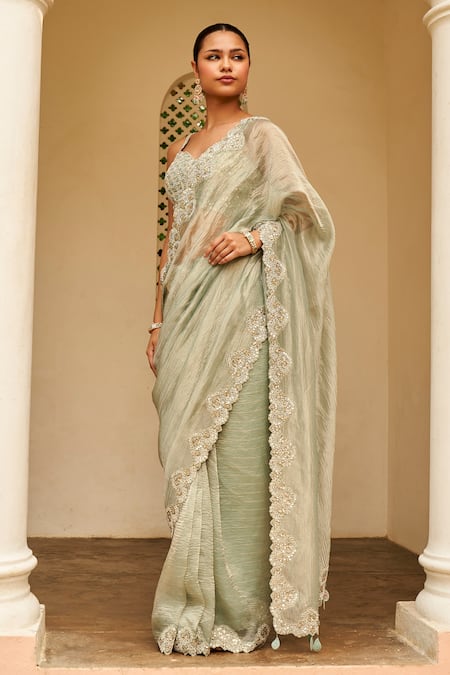 Osaa by Adarsh Grey Tissue Embroidery Zardozi Sweetheart Border Saree With Blouse 