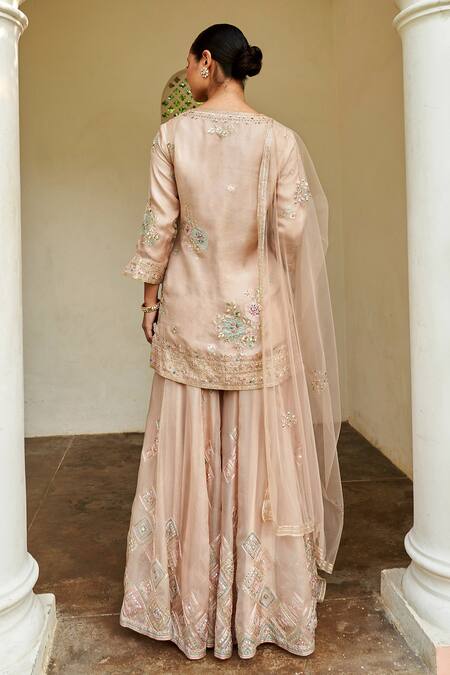 Shop Osaa By Adarsh Pink Organza Embroidery V-neck Floral Kurta Sharara Set at Aza Fashions Shop_Osaa By Adarsh_Pink Organza Embroidery V-neck Floral Kurta Sharara Set_at_Aza_Fashions