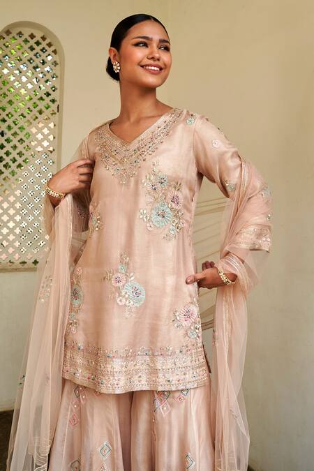 Osaa By Adarsh Pink Organza Embroidery V-neck Floral Kurta Sharara Set Online at Aza Fashions Osaa By Adarsh_Pink Organza Embroidery V-neck Floral Kurta Sharara Set_Online_at_Aza_Fashions