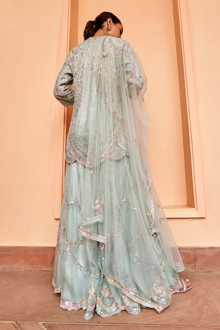 Shop Osaa By Adarsh Blue Organza Zari, Embroidery Round Neck Zardozi Kurta Sharara Set at Aza Fashions Shop_Osaa By Adarsh_Blue Organza Zari, Embroidery Round Neck Zardozi Kurta Sharara Set _at_Aza_Fashions