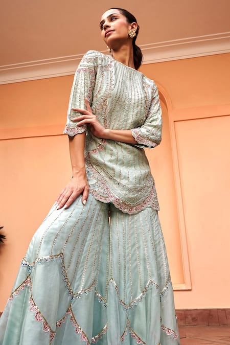 Osaa By Adarsh Blue Organza Zari, Embroidery Round Neck Zardozi Kurta Sharara Set Online at Aza Fashions Osaa By Adarsh_Blue Organza Zari, Embroidery Round Neck Zardozi Kurta Sharara Set _Online_at_Aza_Fashions