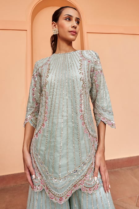 Buy Osaa By Adarsh Blue Organza Zari, Embroidery Round Neck Zardozi Kurta Sharara Set Online at Aza Fashions Buy_Osaa By Adarsh_Blue Organza Zari, Embroidery Round Neck Zardozi Kurta Sharara Set _Online_at_Aza_Fashions